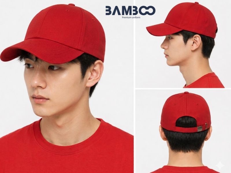 May nón đỏ đồng phục tại Bamboo Uniform uy tín, giá xưởng, in thêu đẹp