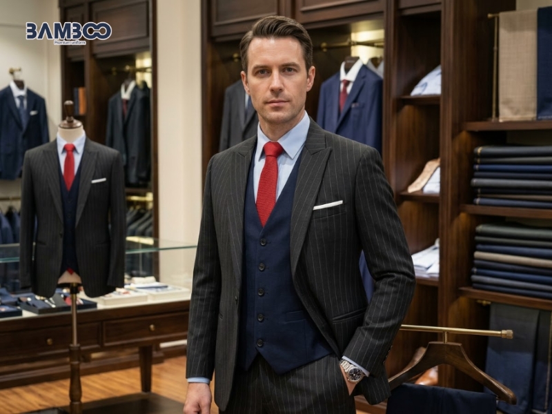 Bamboo Uniform may vest đồng phục nam đen sọc kẻ chuẩn form, xưởng trực tiếp, giá tốt