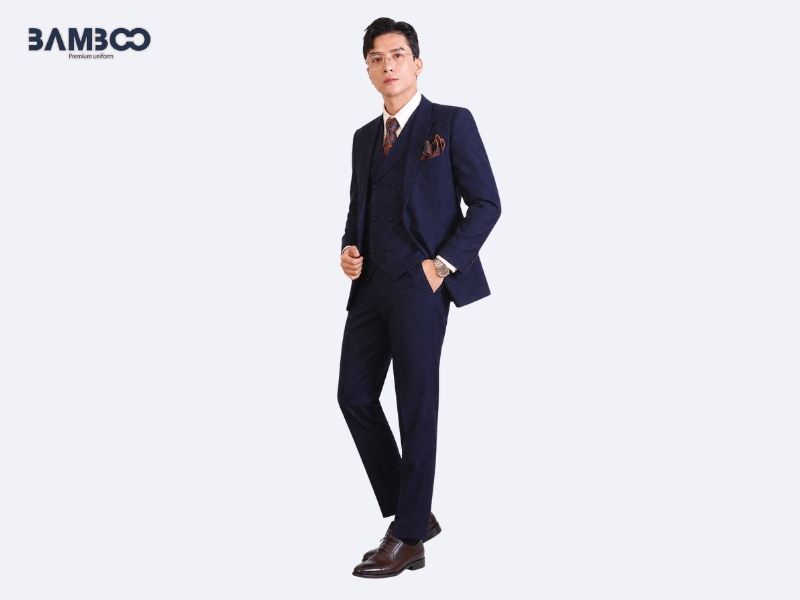 Bamboo Uniform may vest nam xanh dương đậm họa tiết caro cao cấp&nbsp;