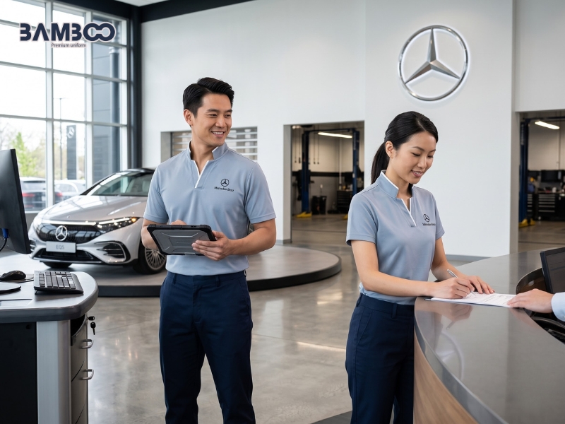 Bamboo Uniform may áo Mercedes xám tro theo yêu cầu, chuẩn form, đồng bộ nhận diện và tối ưu chi phí