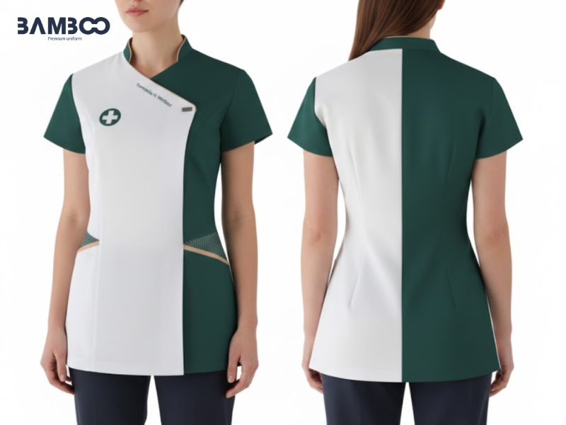 Bamboo Uniform - Đối tác may spa trắng phối xanh lá uy tín, form áo chuẩn, bền đẹp