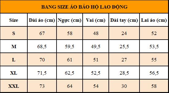 Bảng size may áo bảo hộ lao động đen phối trắng đỏ