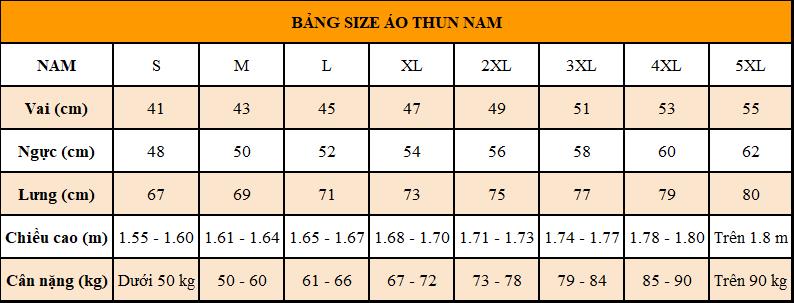 Bảng size dành cho nhân viên nam