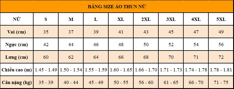 Bảng size dành cho nhân viên nữ