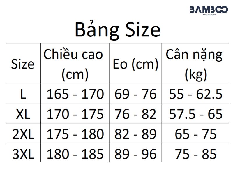 Bảng size đồng phục bellman màu trắng tham khảo