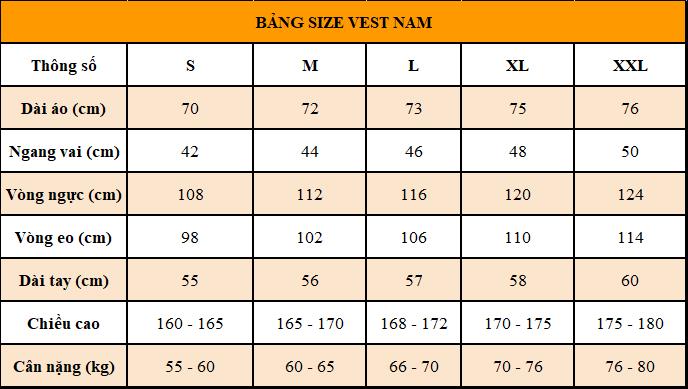 Tham khảo bảng size vest nam xanh dương đậm họa tiết caro