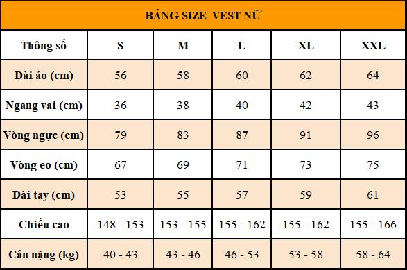 Bảng size áo vest nữ Bamboo xám tham khảo