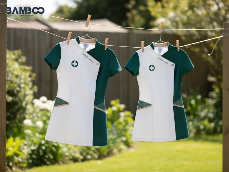 Giặt nhẹ, phơi nơi thoáng, tránh nắng trực tiếp, giữ áo spa trắng phối xanh bền màu