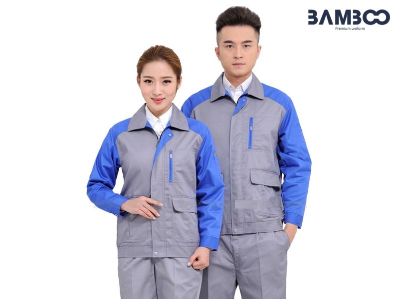 Bộ đồ bảo hộ kỹ thuật xám viền xanh bền đẹp, thoáng mát, nhiều túi tiện dụng và form đứng dáng