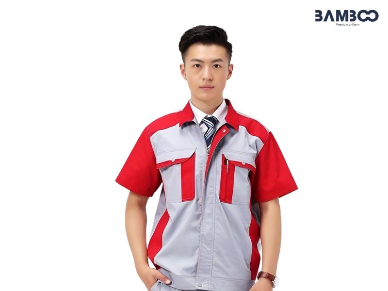 Bộ quần áo bảo hộ kỹ thuật xám đỏ nổi bật, thiết kế đa năng