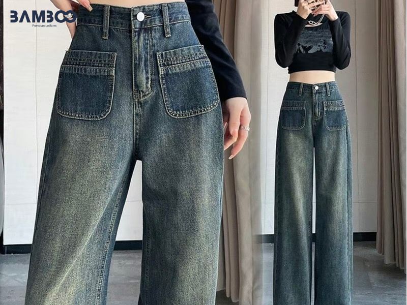 Quần Jean ống suông lưng cao