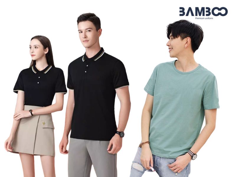 Áo thun đồng phục phổ biến gồm cổ tròn năng động và cổ trụ (polo) lịch sự, chuyên nghiệp