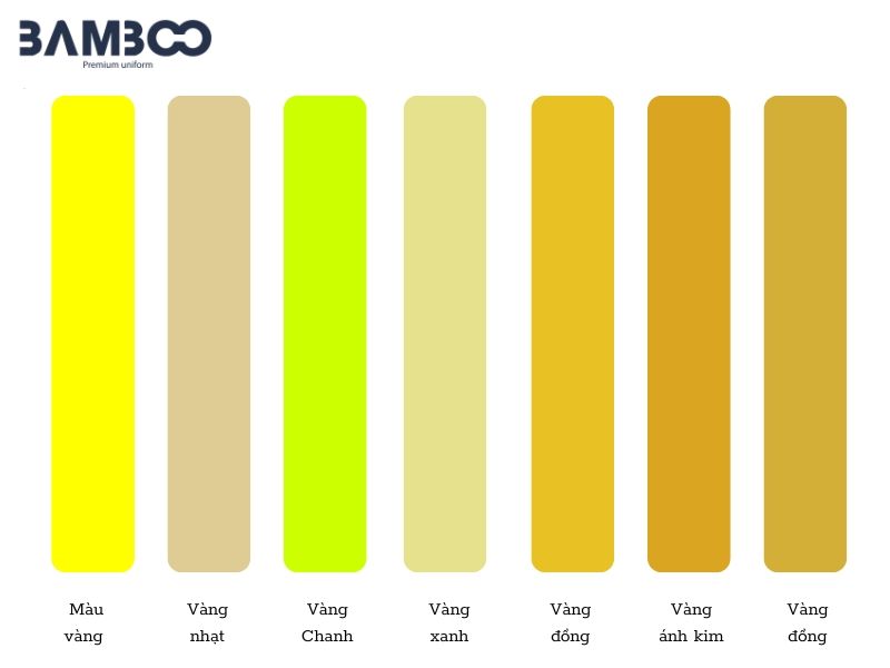 Các sắc vàng đồng phục đa dạng như vàng tươi, chanh, nghệ, rơm, đồng, kem, mù tạt, sa mạc