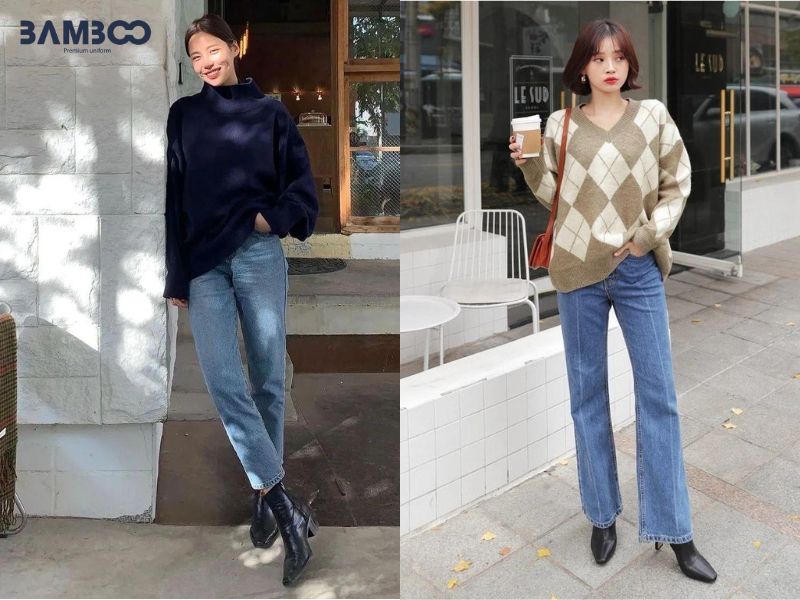 Cách mix áo len nữ tay dài cùng quần jean ống suông cá tính