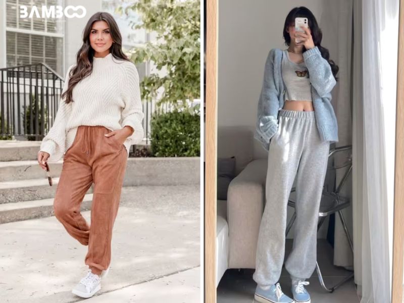 Cách mix áo len nữ tay dài cùng quần jogger và sneaker năng động 