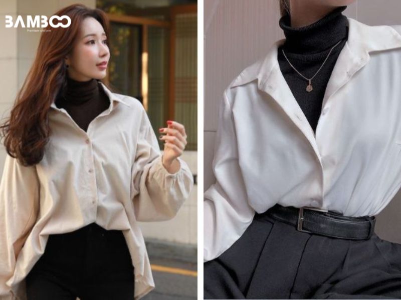 Cách mix áo len nữ tay dài cùng với sơ mi trắng và váy chữ A