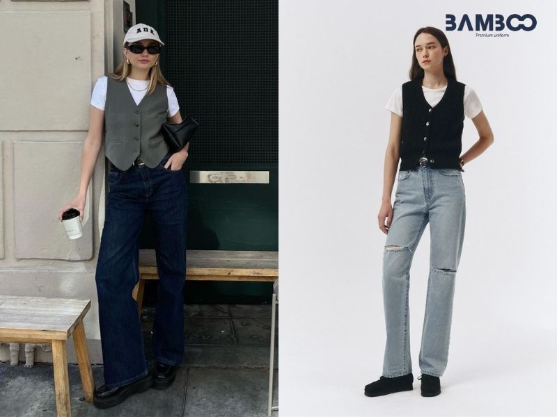 Áo vest gile mix quần jeans