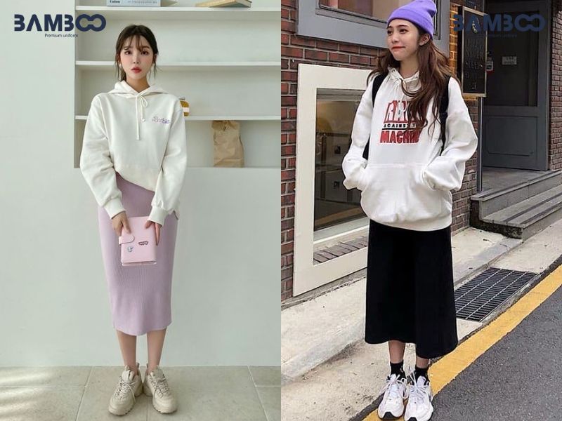 Cách phối đồ hoodie mix chân váy bút chì công sở