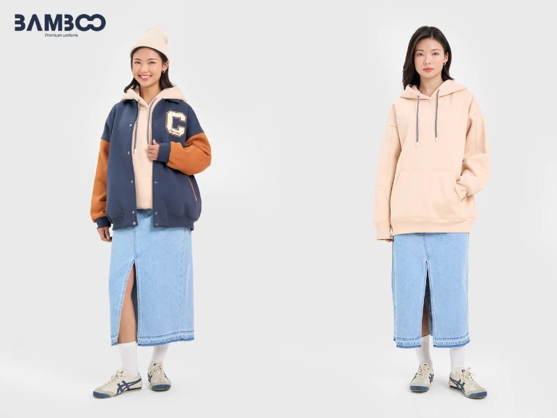 Áo hoodie kết hợp với chân váy jean