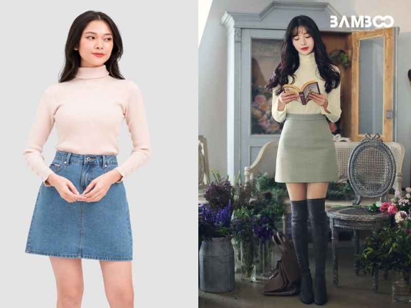 Mix áo giữ nhiệt cổ tròn cùng chân váy chữ A