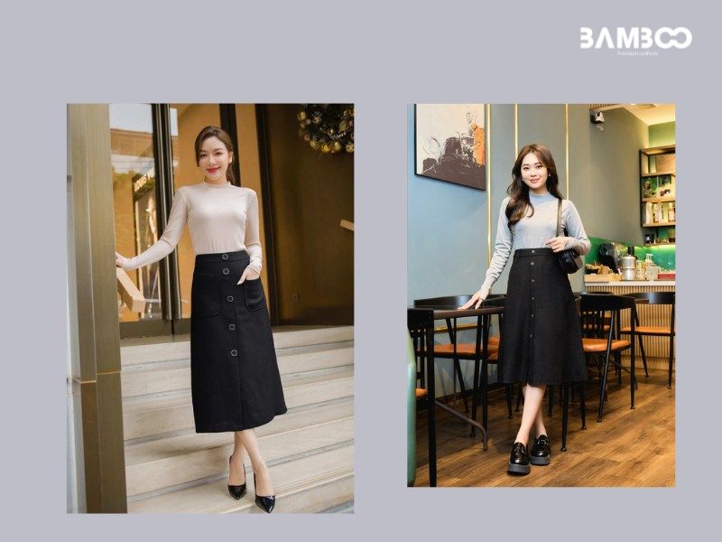 Nữ tính cùng combo áo giữ nhiệt và váy xòe nhẹ