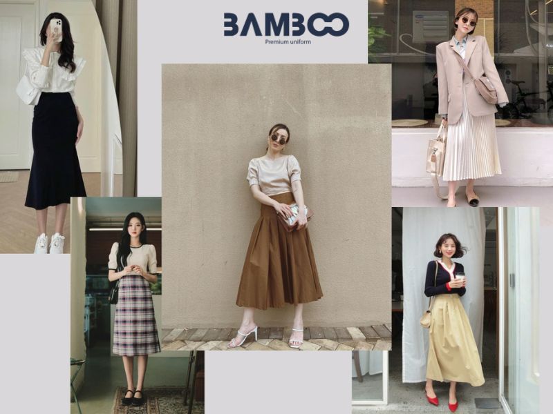 Cách phối đồ với chân váy công sở dài qua gối