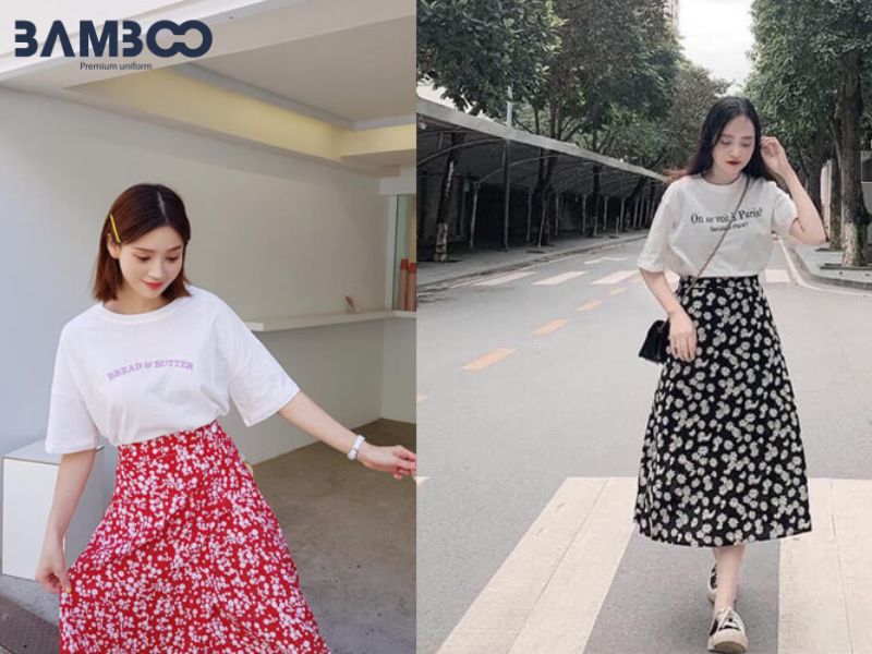 Chân váy họa tiết hoa dịu dàng, tinh tế