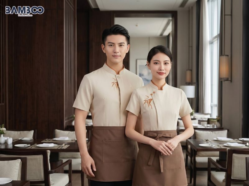 Đồng phục quán ăn gia đình thường dùng cotton, cotton pha, vải cá sấu, kate và kaki tùy từng vị trí