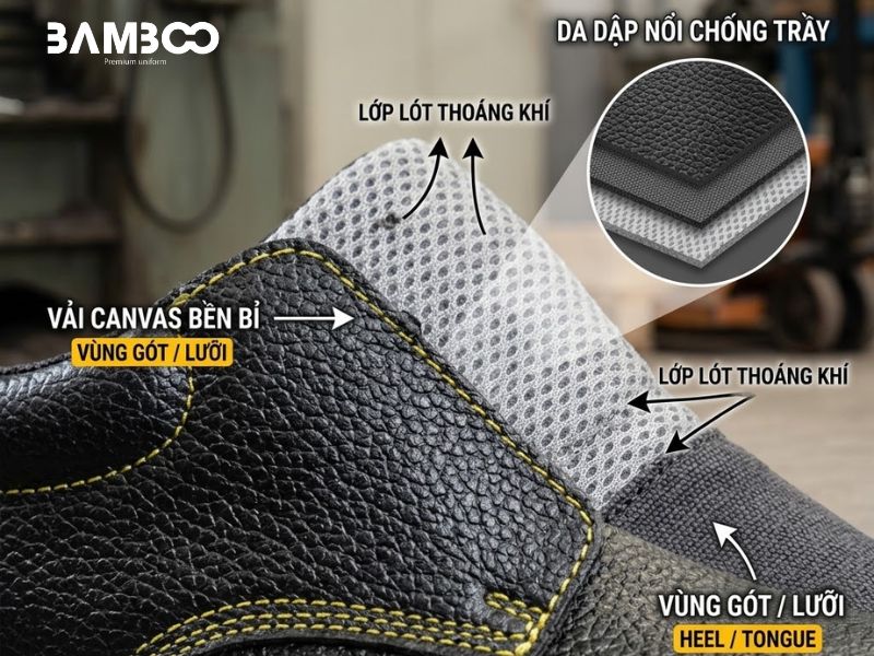 Giày bảo hộ đen dùng da, composite, PU, Kevlar và lót thoáng khí bền chắc
