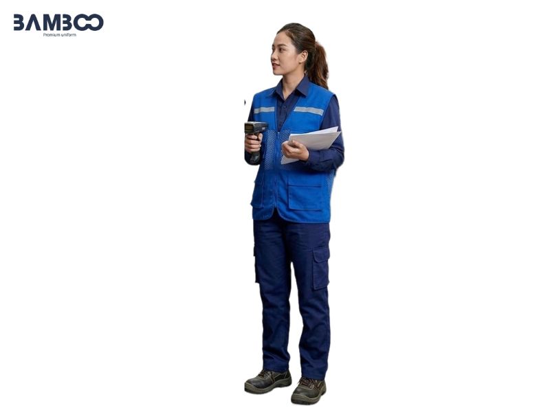 Chi phí may áo gile bảo hộ xanh dương phụ thuộc vải, số lượng và logo in thêu