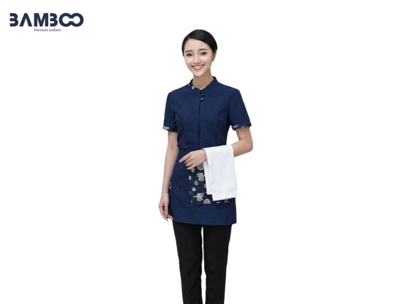 Giá may áo phục vụ xanh đen phụ thuộc vải, in thêu, số lượng và thiết kế
