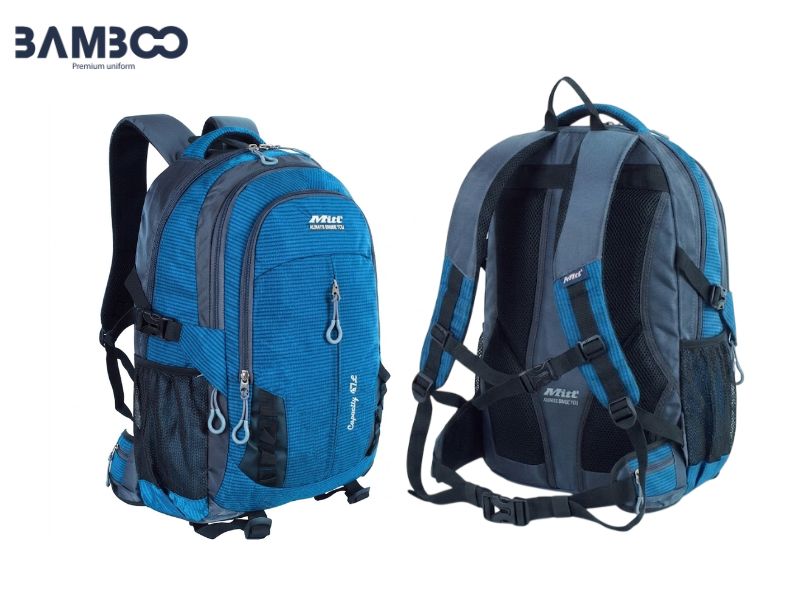 Chi phí may balo đồng phục xanh dương phối xám được cân đối dựa trên chất liệu, kiểu dáng và số lượng đặt may