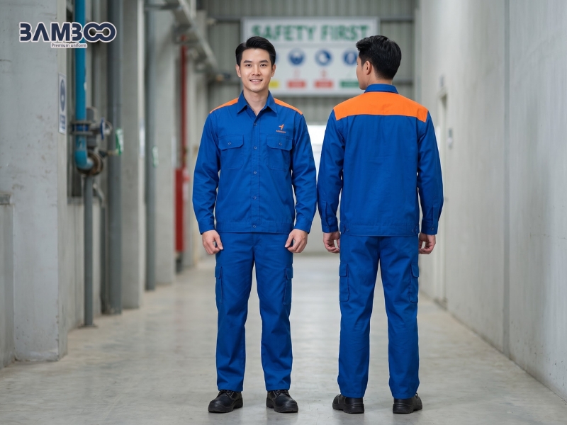 Chi phí may đồng phục bảo hộ xanh dương phối cam phụ thuộc chất liệu, thiết kế, số lượng, logo và yêu cầu hoàn thiện