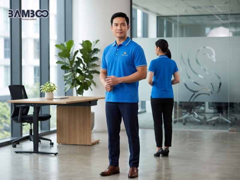 Mẫu polo xanh da trời kết hợp thiết kế trẻ trung, màu sắc thân thiện và chất liệu thoải mái
