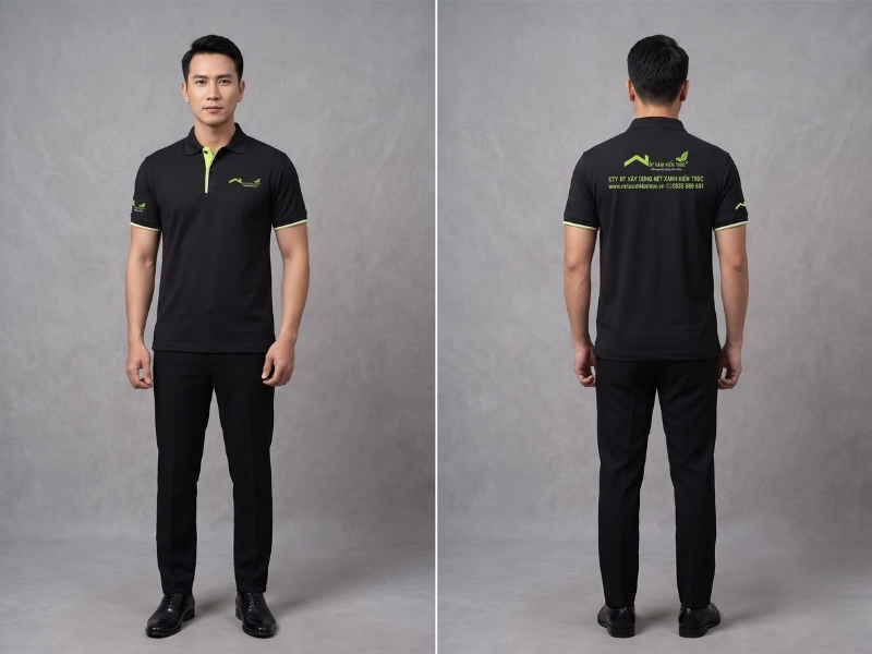 Mẫu áo thun polo đồng phục đen phối viền xanh lá tạo dấu ấn thương hiệu trẻ trung, chuyên nghiệp