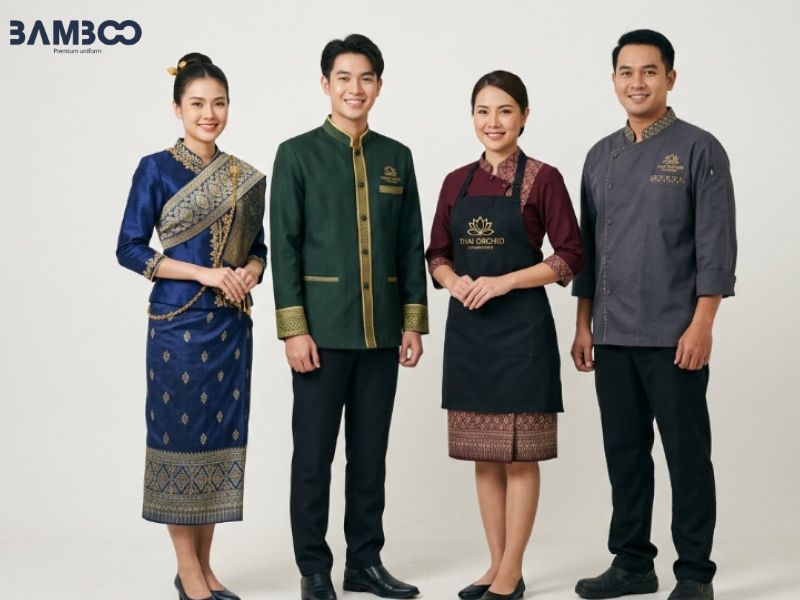Đồng phục nhà hàng Thái thiết kế tinh tế, màu sắc trầm ấm, đậm bản sắc văn hóa