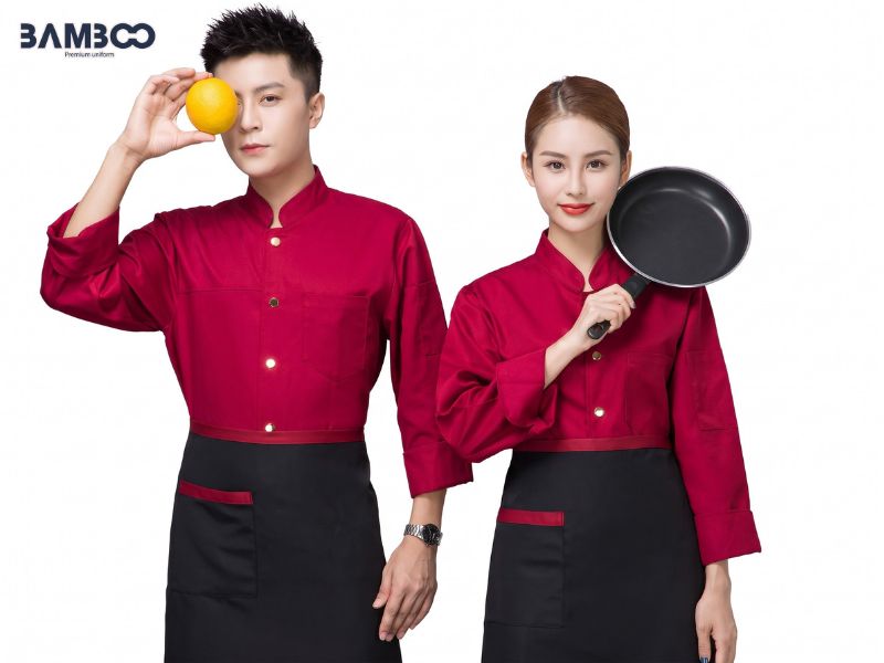 Đồng phục áo bếp quán nướng có cổ tàu, nút cài lệch, vải bền chắc