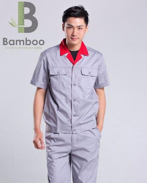 đồng phục bảo hộ lao động - màu xám cổ đỏ 01 