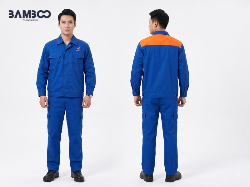 Mẫu đồng phục bảo hộ xanh dương phối cam bền chắc, chuyên nghiệp, tiện dụng