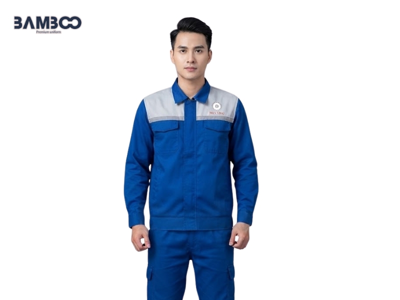 Đồng phục bảo hộ xanh dương phối xám nhạt, thiết kế tiện dụng, chuyên nghiệp