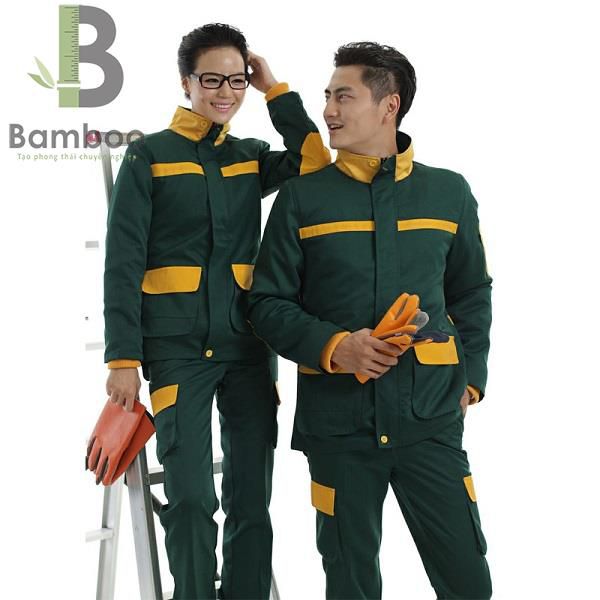 đồng phục bảo hộ lao động - xanh rêu đậm phối vàng