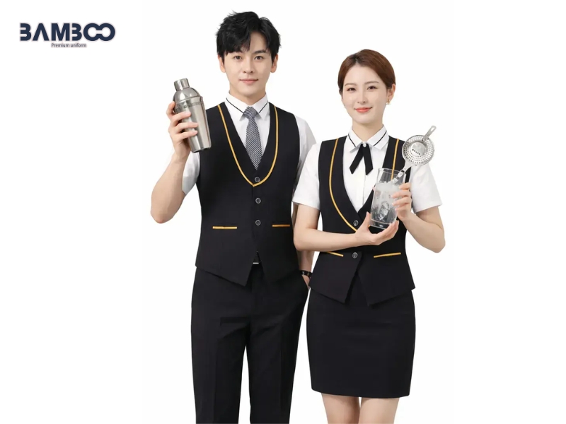 Đồng phục bartender thường may bằng kate, thun cá sấu cotton 65/35 và thun mè