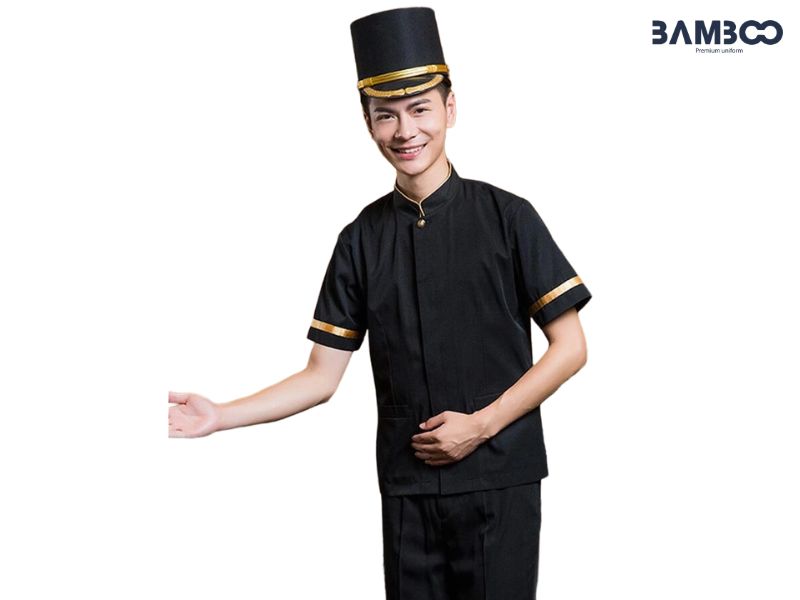 Đồng phục bellman 01 đen phối viền vàng    