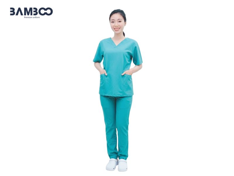 Đồng phục điều dưỡng xanh ngọc cổ V cao cấp, thoáng mát, tiện dụng