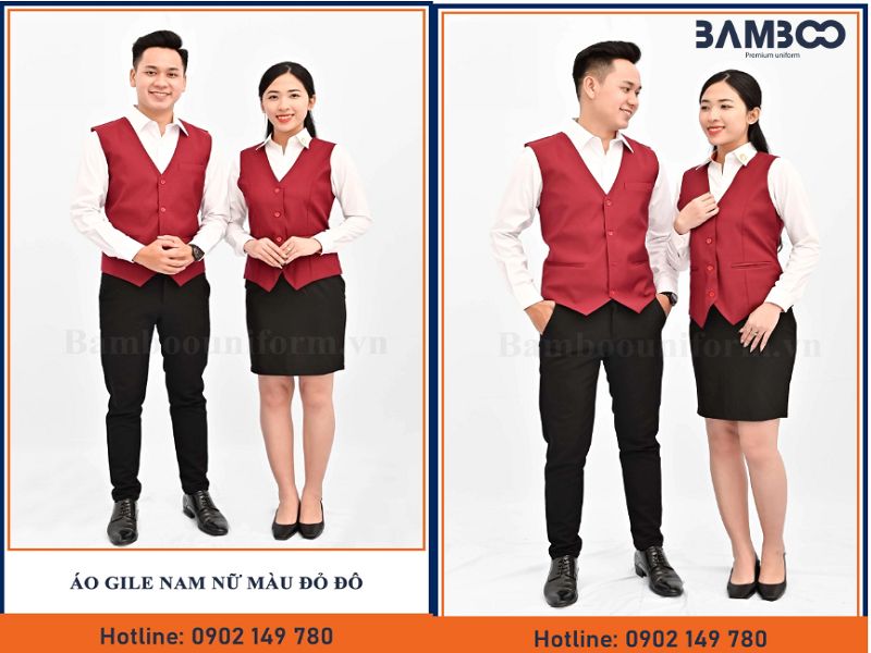 Mẫu đồng phục áo gile nam nữ màu đỏ đô
