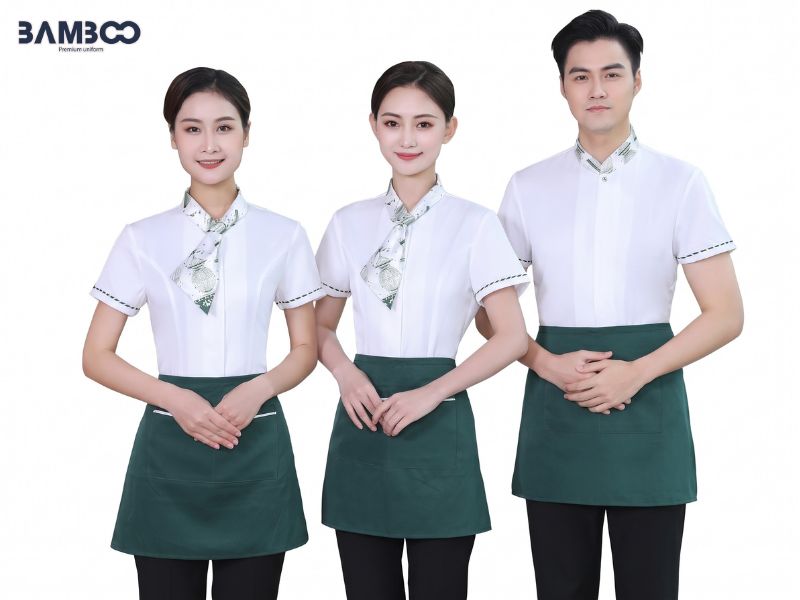 Đồng phục quán lẩu truyền thống nổi bật với cổ Tàu, họa tiết đặc trưng và màu sắc ấm cúng