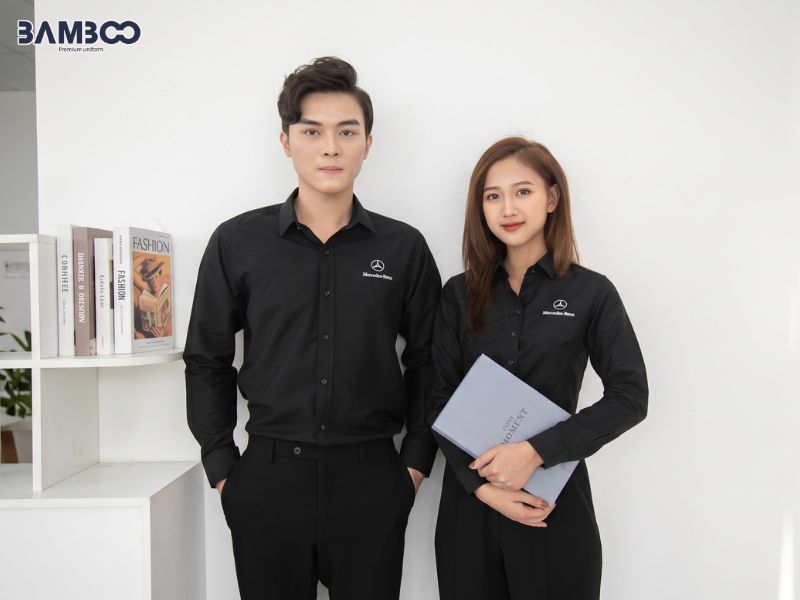 Đồng phục sơ mi Mercedes phối trắng đen thanh lịch, chuyên nghiệp