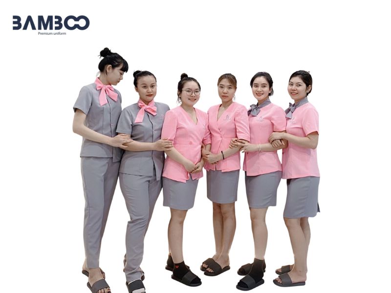 Đồng phục spa áo phối váy màu hồng thanh lịch, nữ tính, tôn dáng