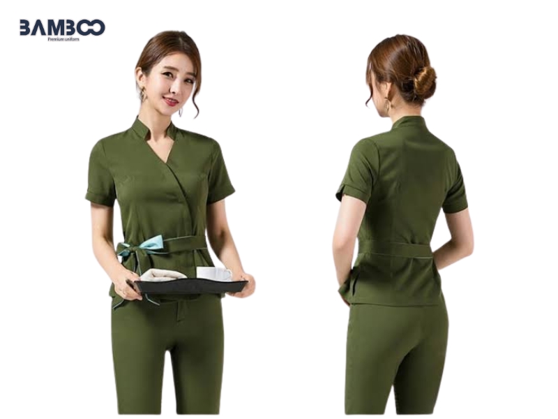 Đồng phục spa xanh lá phối nơ