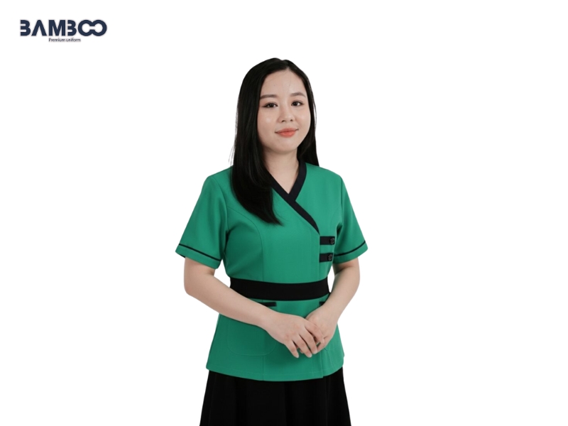Đồng phục spa xanh lá phối viền đen